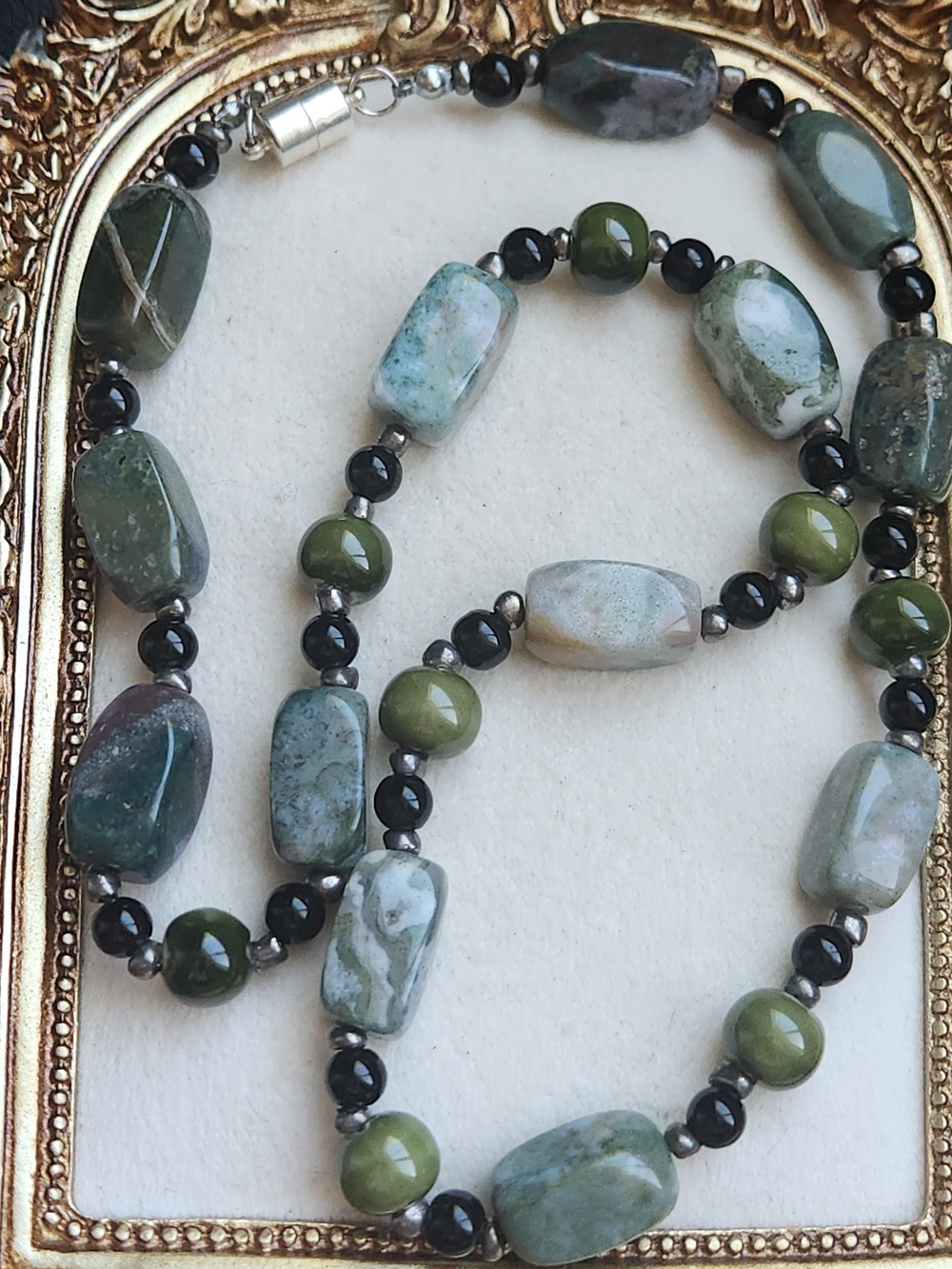 VTG Artisan Moss Agate Jade & Black Onyx Necklace 21" Boho Gemstone Statement